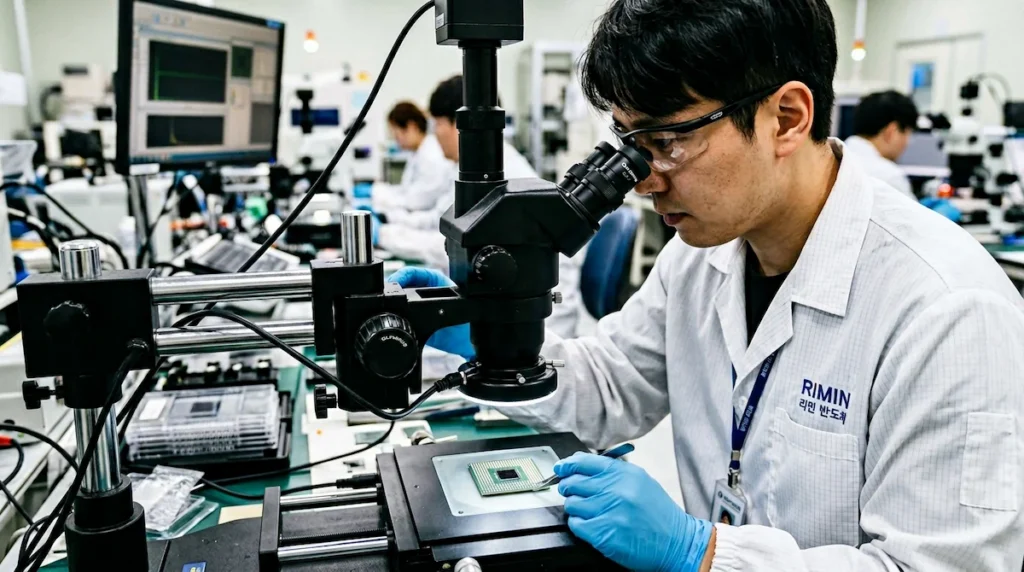반도체 패키징 엔지니어가 현미경으로 칩 패키지를 정밀 검사하는 모습