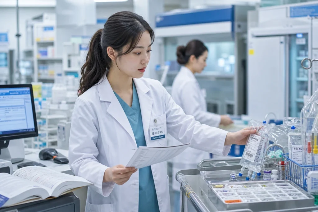 흰색 약사 가운과 연한 틸 스크럽을 입은 여학생 약학과 학생이 병원 약국 조제 카운터에 서서 오른손으로 병원 처방 오더를 검토하고 왼손으로 약물 카트의 주사제나 IV 백을 확인하고 있는 모습. 처방과 조제된 약물을 번갈아 보며 임상 약학 검수에 집중 중. 뒤쪽으로 흐릿하게 30-40대 여성 선배 약사가 다른 스테이션에서 작업 중. 카운터에 링거백, 주사기, 주사제 바이알, 병원 처방 오더, 컴퓨터 모니터가 보이며 밝은 병원 약국 배경.