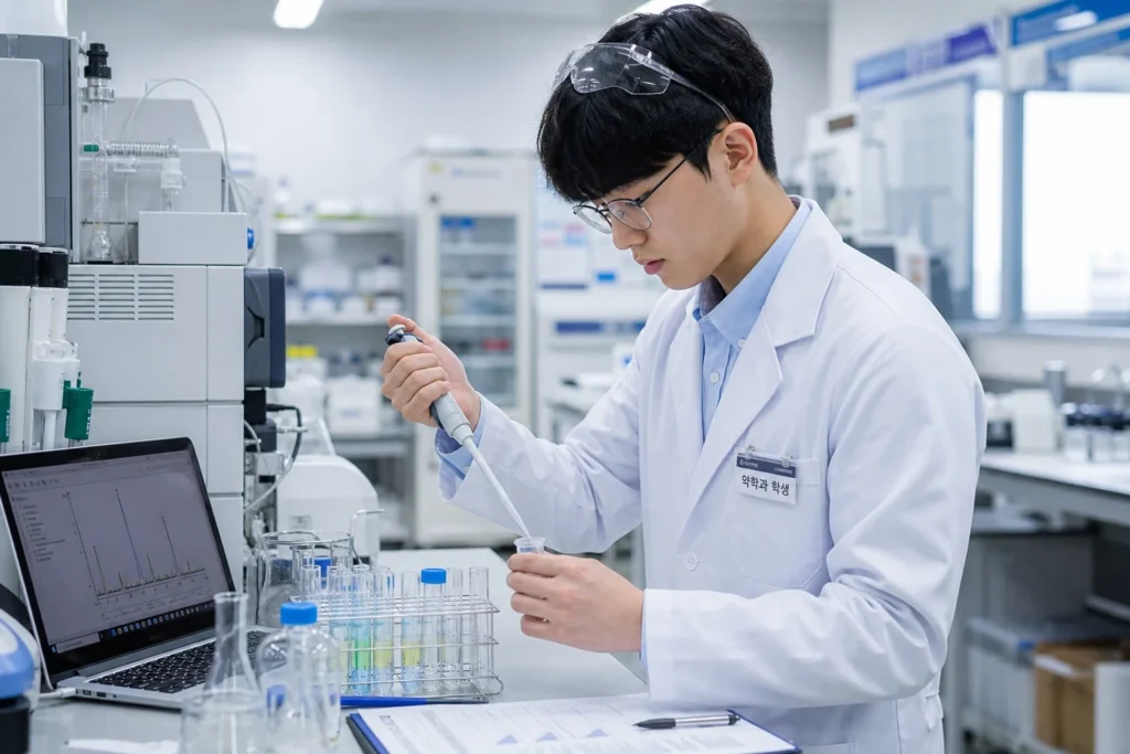 검정 사각 안경을 쓴 남학생 약학과 학생이 흰색 실험 가운과 연한 블루 셔츠 차림에 안전 고글을 이마 위로 올린 채 약품 분석 실험실 실험대에 서서 오른손으로 시험관이나 큐벳에 액체를 피펫팅하고 왼손으로 샘플 랙이나 실험 장비를 조정하고 있는 모습. 실험 셋업에 집중하며 약품 품질 관리 분석 중. 실험대에 분광광도계나 HPLC 장비, 시험관 랙, 피펫, 비커, 분석 프로토콜, 노트북, 실험 노트가 보이며 밝은 약품 분석 실험실 배경.