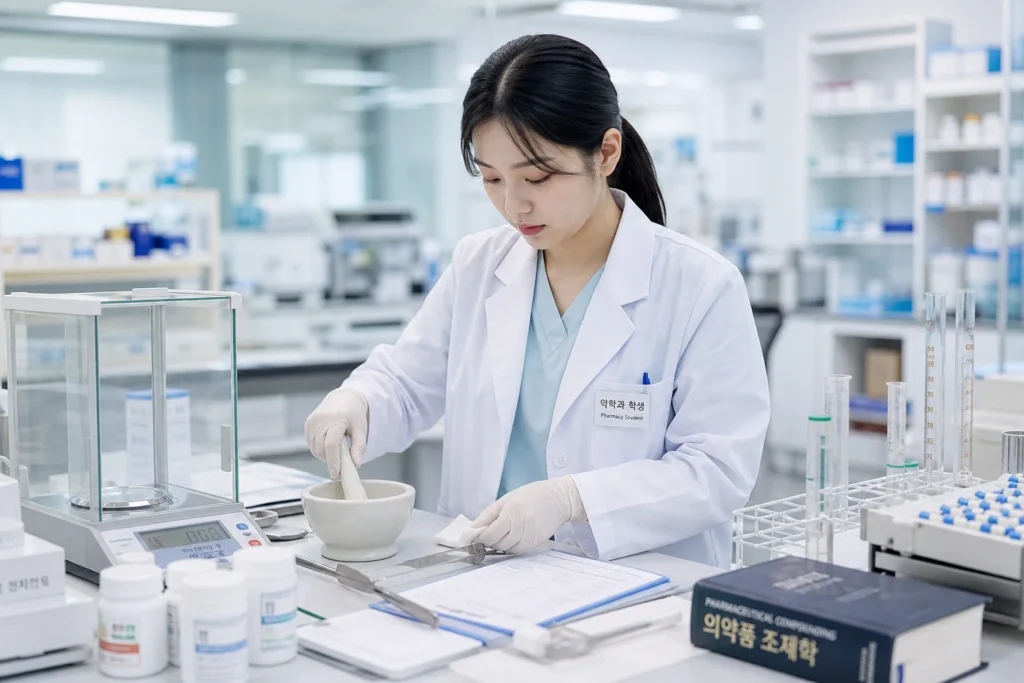 흰색 약사 가운과 연한 블루 또는 민트 그린 스크럽을 입고 보호 장갑을 착용한 여학생 약학과 학생이 약국 실험실 조제 카운터에서 오른손으로 막자사발로 약물 성분을 분쇄하거나 약가루를 계량하고 왼손으로 처방전이나 칭량접시를 잡고 있는 모습. 작업에 집중하며 정밀하게 약물 조제 중. 카운터에 전자 정밀저울, 막자사발, 메스실린더, 비커, 약물 분말 용기, 캡슐 충전 장비가 보이며 밝은 약국 실험실 배경.