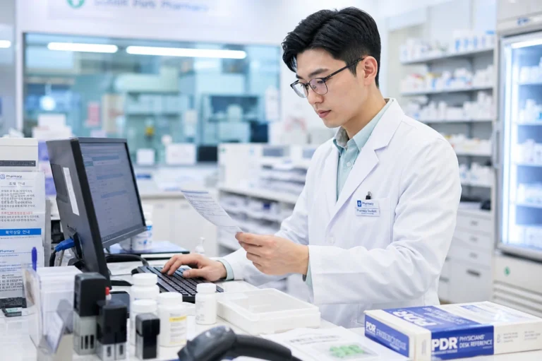 약학과 전공선택 가이드 대표 이미지, 검정 사각 안경을 쓴 남학생 약학과 학생이 흰색 약사 가운과 연한 틸색 또는 흰색 셔츠 차림으로 약국 조제 카운터에 서서 오른손으로 처방전을 들고 주의 깊게 확인하고 왼손으로 컴퓨터 키보드를 타이핑하거나 약병을 들고 검증 중인 모습. 처방전과 모니터를 번갈아 보며 집중. 카운터에 약국 관리 시스템 모니터, 처방전, 약병, 약물 참고서, 바코드 스캐너, 약알 계수 트레이가 보이며 밝은 약국 조제실 배경.