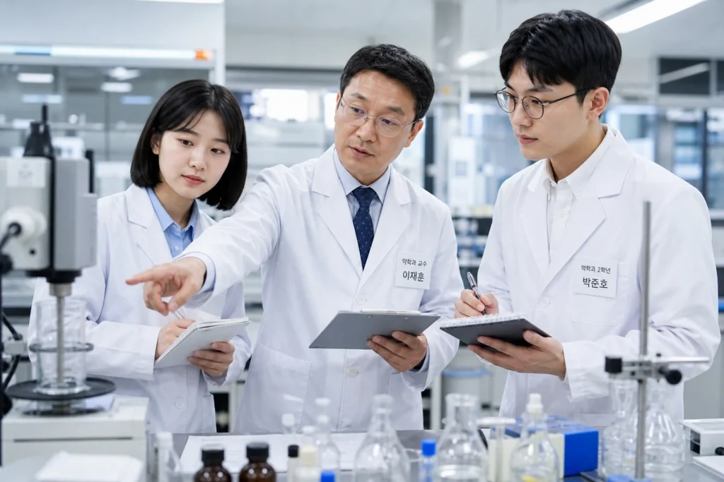 흰색 실험 가운을 입은 두 명의 약학과 학생들이 약학 실험실에서 40-50대 남성 약학 교수의 실험 지도를 받고 있는 모습. 중앙 뒤쪽의 교수는 넥타이를 맨 전문적인 복장에 흰 가운을 입고 오른손으로 실험 장비를 가리키며 설명하고 왼손에는 클립보드를 들고 있음. 좌측 여학생은 숄더밥 헤어에 흰 가운 차림으로 집중하여 관찰 중, 우측 남학생은 검정 안경에 흰 가운 차림으로 노트에 필기 중. 실험대에 분석 장비, 유리기구, 시약병이 보이며 밝은 약학 실험실 배경.