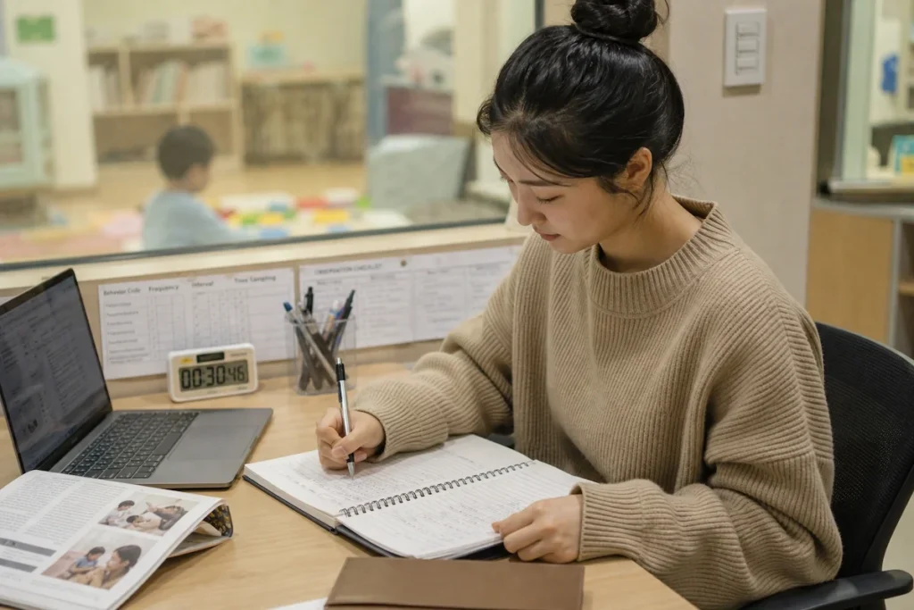 아동 발달 관찰 (Child Development Observation) 을 하고 있는 심리학과 학생