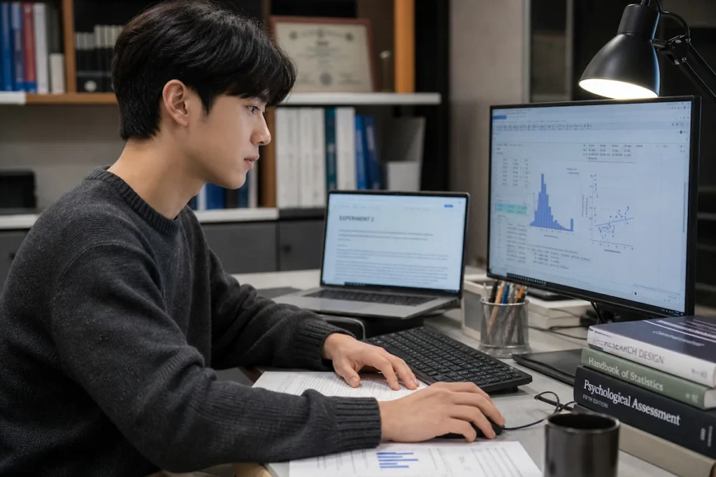 심리 연구 데이터 분석 (Research & Data Analysis)을 하고 있는 심리학과 학생