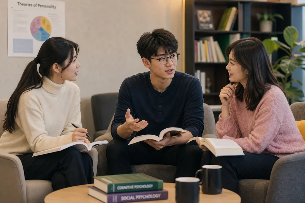 그룹 토론을 하고 있는 심리학과 학생들