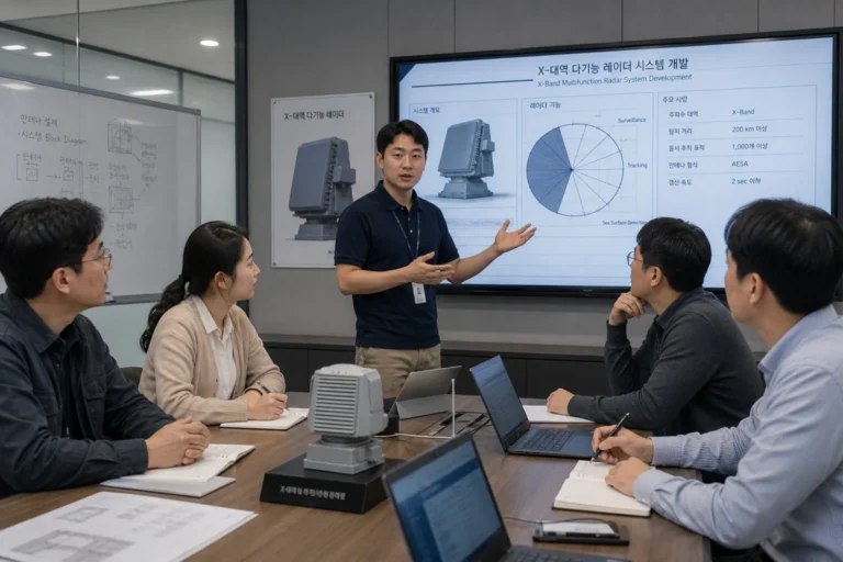 현대적인 회의실에서 대형 모니터에 표시된 레이더 시스템 설계를 한 엔지니어가 설명하고 나머지 네 명의 엔지니어들이 노트 필기, 문서 검토, 노트북 확인, 커피를 마시며 집중해서 경청하는 모습