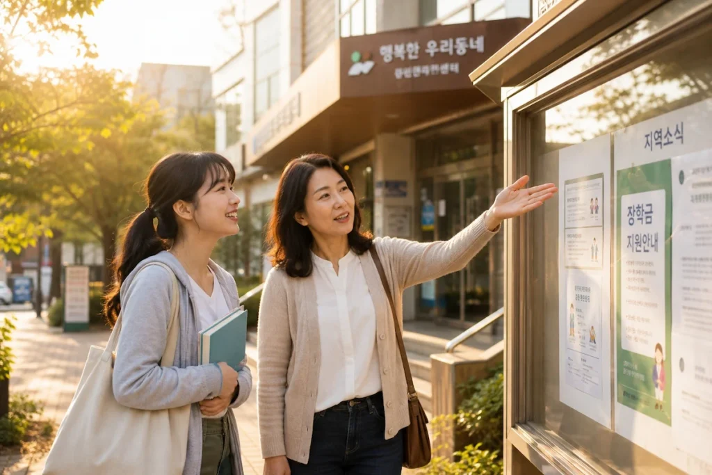 우리 동네에 숨어 있던 지역장학재단을 발견하는 학생과 학부모