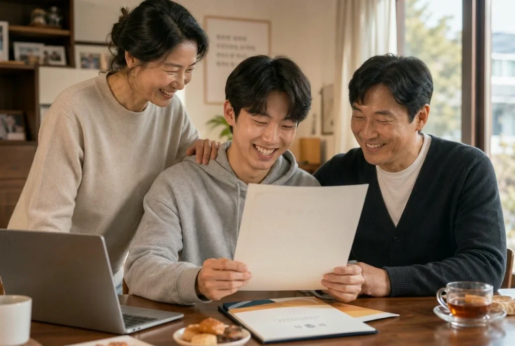 지역장학금 합격으로 기쁨을 나누는 가족의 따뜻한 순간