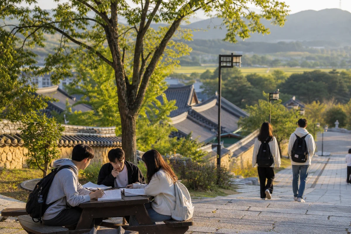 전라도 대학 캠퍼스에서 평화롭게 공부하는 지역인재장학금 학생들
