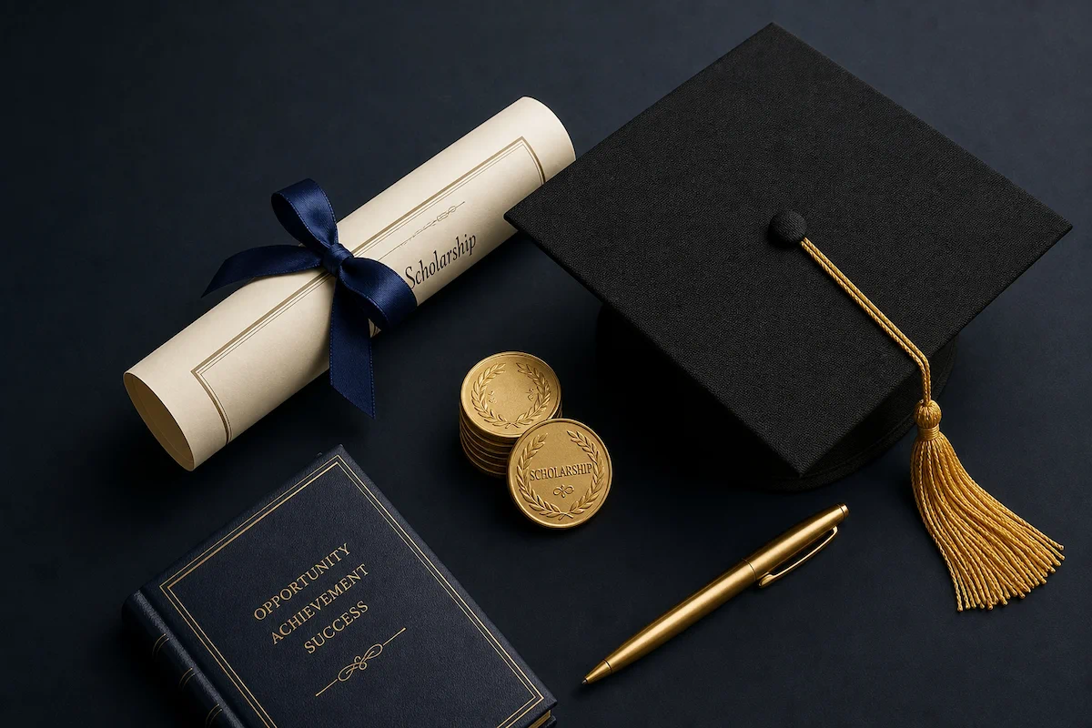 다크 네이비 배경 위에 'Scholarship' 디플로마(네이비 리본), 검정 학사모(골드 술), 골드 장학 메달, 'OPPORTUNITY ACHIEVEMENT SUCCESS' 네이비 노트북, 골드 펜이 플랫 레이 구도로 배치되어 학업 성취와 장학금을 상징하고 있다.
