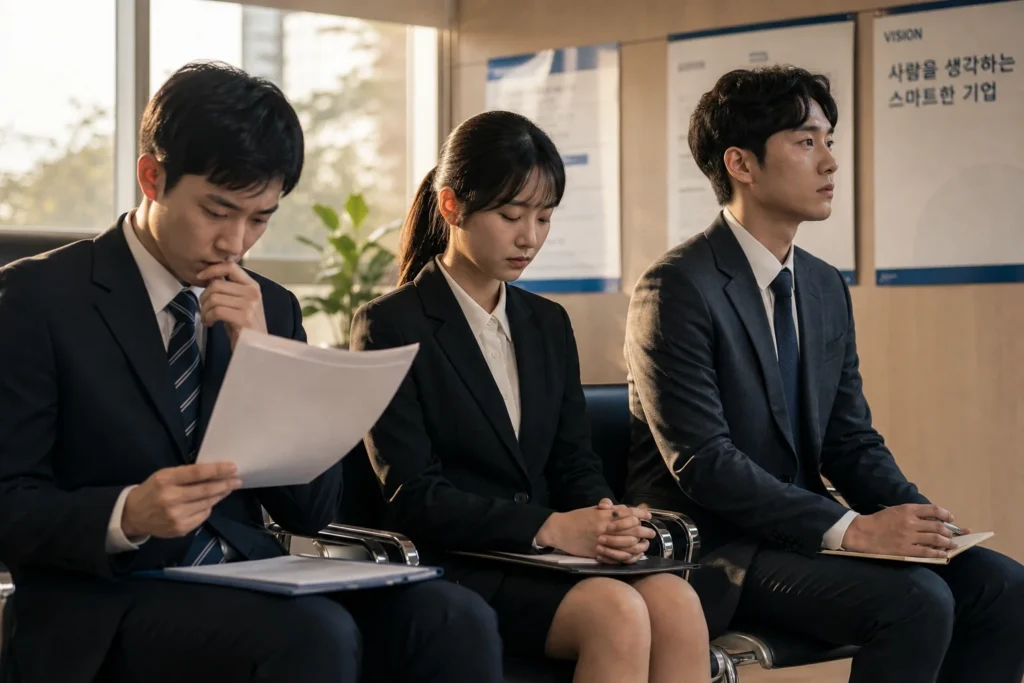 외부장학재단 장학생 면접을 준비하면서 대기하고있는 지원자들 모습 