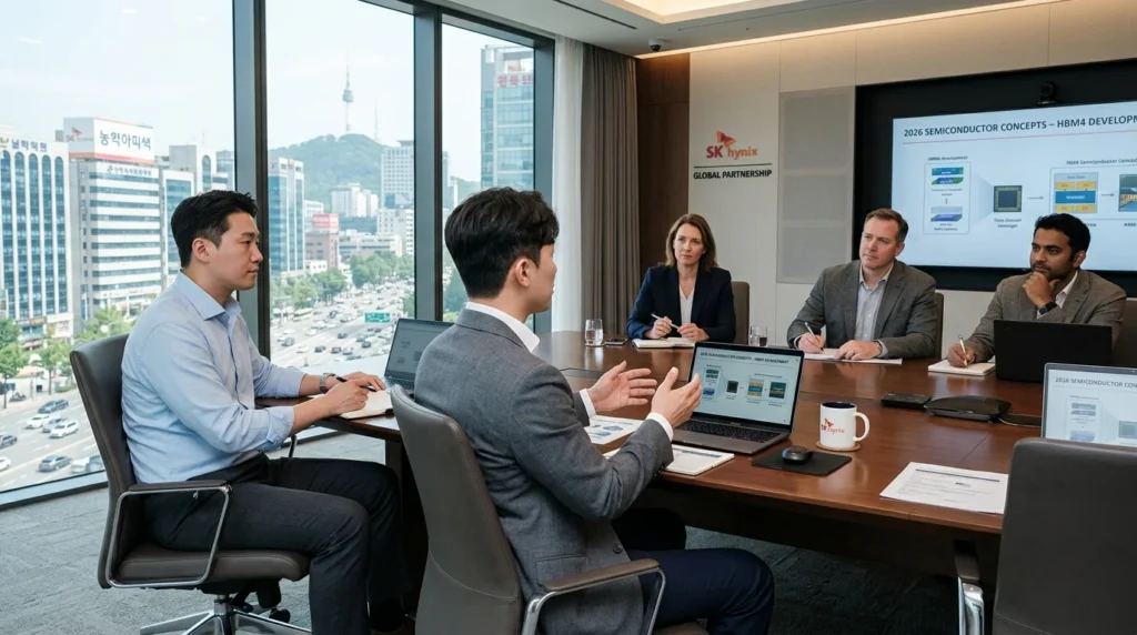 비즈니스 캐주얼 복장의 반도체 제품 기획자가 해외 고객사와 협의하는 현대적 미팅