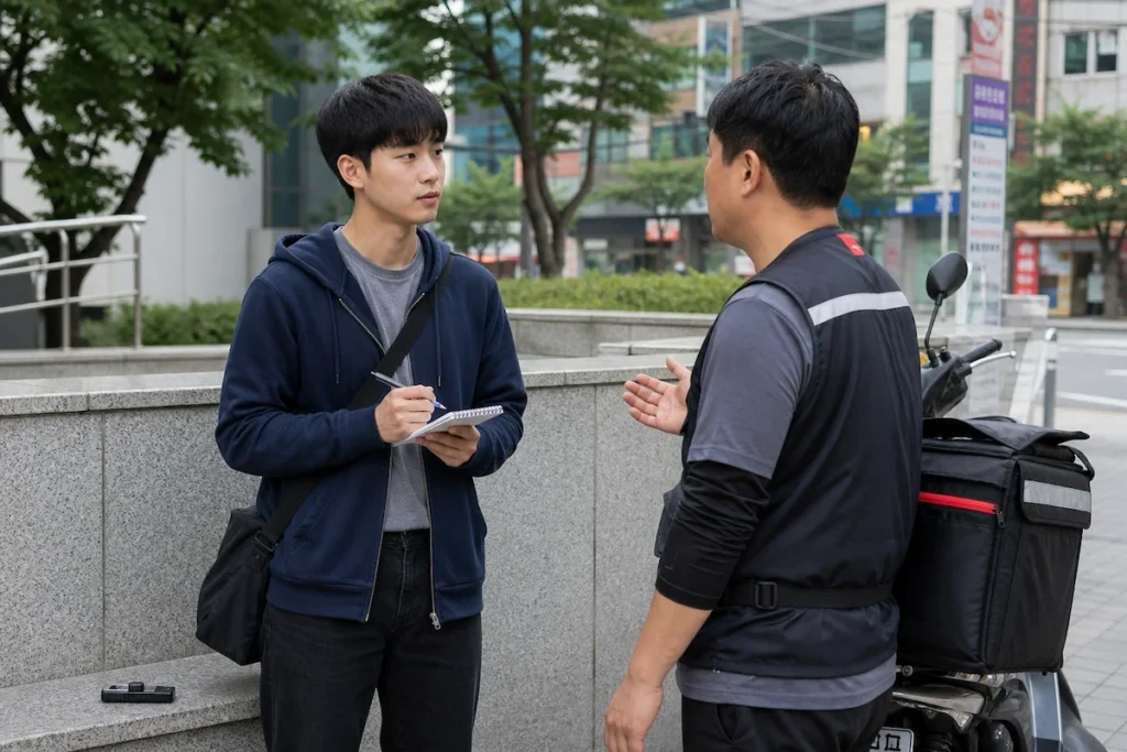 배달 노동자 인텨뷰를 하고 있는 사회학과 학생