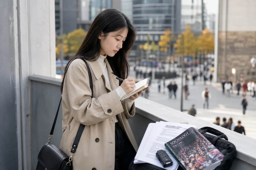 현장조사 노트 작성 (Field Research) 을 하고 있는 사회학과 학생