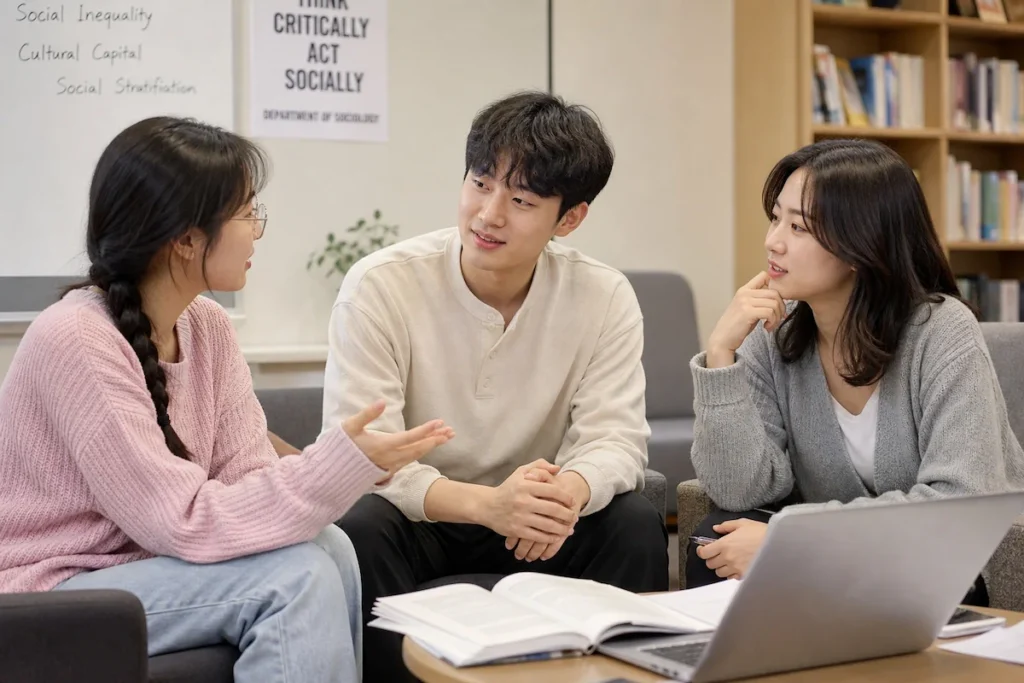 사회 현상 분석 팀 프로젝트를 준비하는 사회학과 학생들
