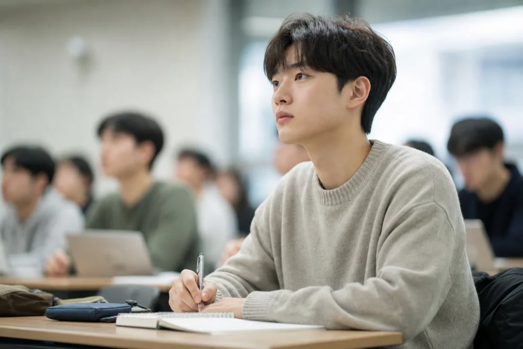 대학생이 제2전공(복수전공 또는 전과한 전공)의 수업에 참석하며 진지한 참여와 결의를 보여주는 몰입된 모습.