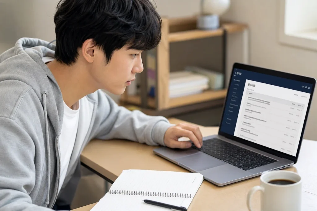 대학생이 노트북으로 학교 LMS 공지사항을 읽으며 집중하고 있다.