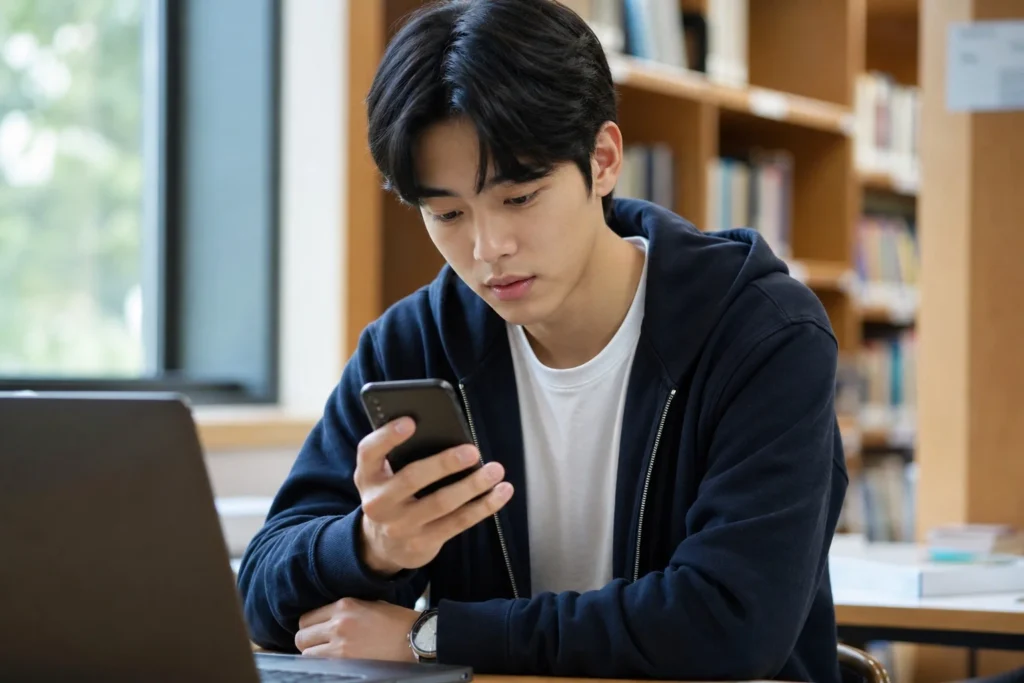 대학생이 스마트폰으로 컬러풀한 시간표 앱에서 강의 일정을 확인하고 있다.