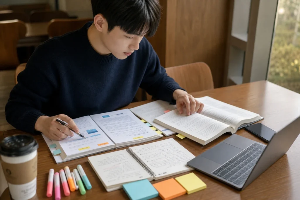 대학생이 강의자료, 교재, 필기를 나란히 펼쳐 놓고 비교하며 공부 우선순위를 정리하고 있다.
