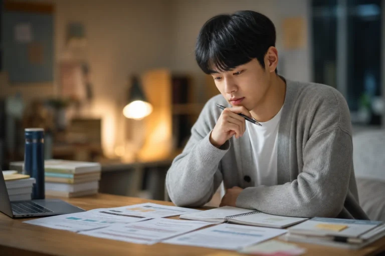 한국 대학생이 책상에 앉아 전과, 복수전공, 부전공 등 다양한 학업 경로 옵션을 진지하게 고민하고 있는 사려 깊은 모습. 소프트 그레이, 베이지, 또는 네이비 가디건이나 스웨터를 입고, 집중적이고 사려 깊은 표정에 약간의 희망적인 눈빛으로 스트레스받지 않고 사려 깊게 새로운 가능성들을 고려하고 있다.