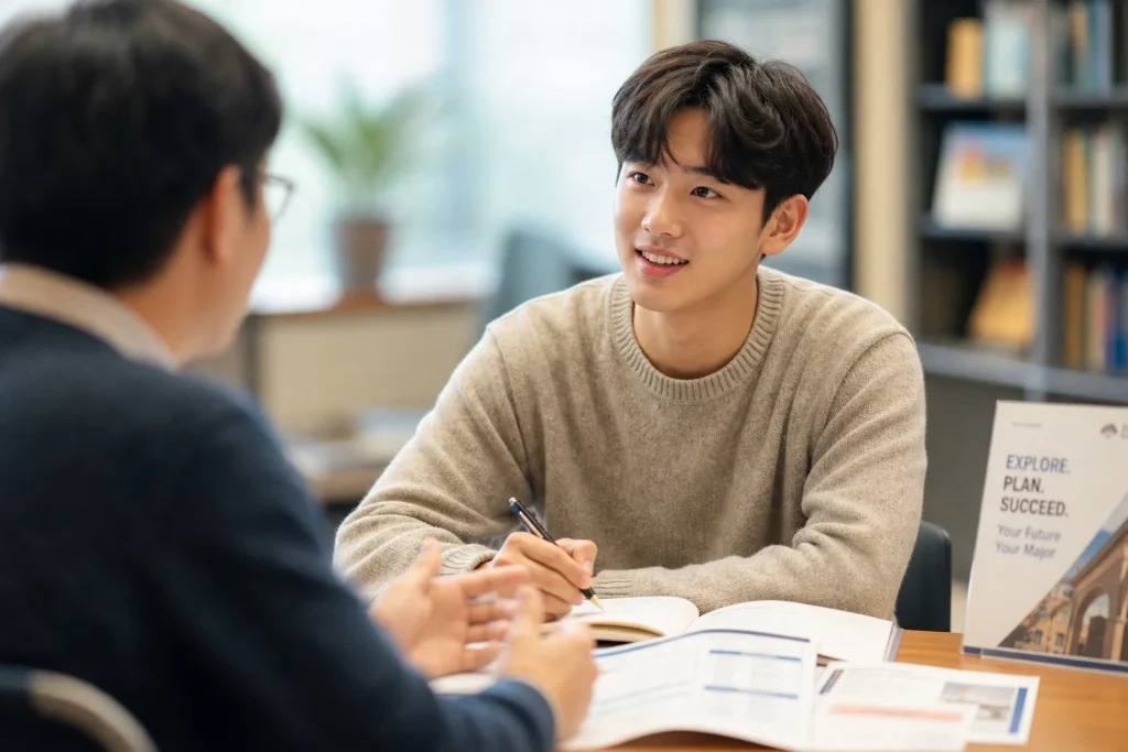 대학생이 앉아서 전과 또는 복수전공 옵션에 대해 학업 지도교수, 교수, 또는 선배 학생과 상담하고 있는 희망찬 사진