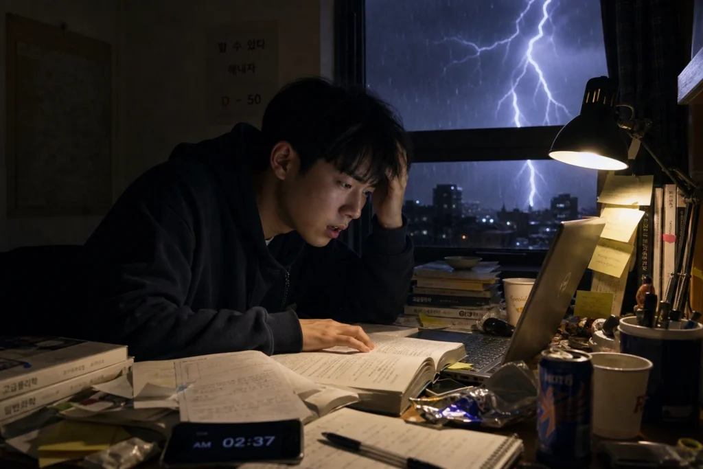 대학생이 새벽 늦은 시간 폭풍우가 치는 밤, 창밖에 번개가 번쩍이는 가운데 극도로 피곤한 표정으로 급하게 시험 공부를 하고 있다.
