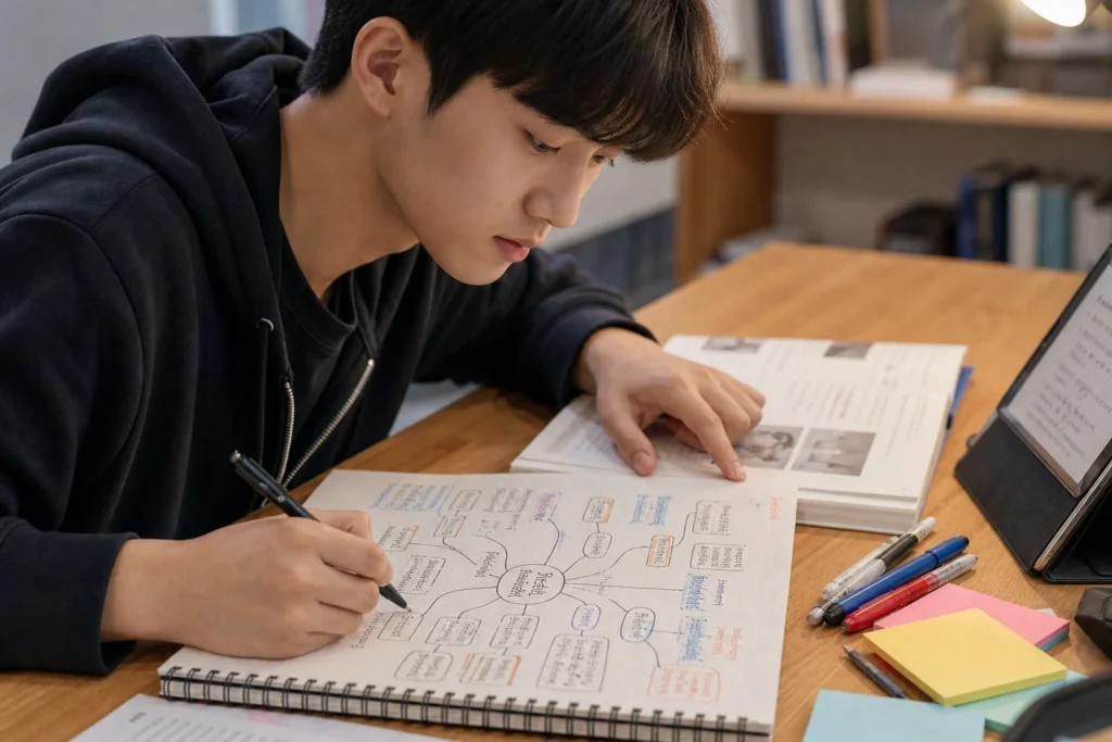 대학생이 노트에 펜으로 개념도와 화살표를 그리며 암기가 아닌 이해 중심으로 공부하고 있다.