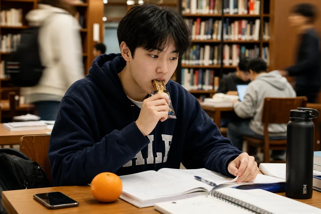 대학생이 캠퍼스 도서관 책상에서 에너지바를 먹으며 공부하고 있다. 책상 위에는 오렌지 한 개와 교재, 노트, 펜 등이 놓여 있고, 흐릿한 배경에는 다른 학생들이 앉아서 공부하거나 서가 사이를 걷는 모습이 보인다.