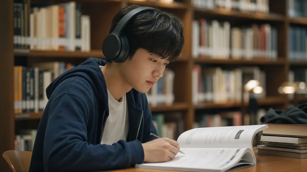 도서관 책상에서 오버이어 헤드폰을 착용하고 펼쳐진 영어 교재를 집중해서 읽으며 펜으로 필기하는 한국 학생. 