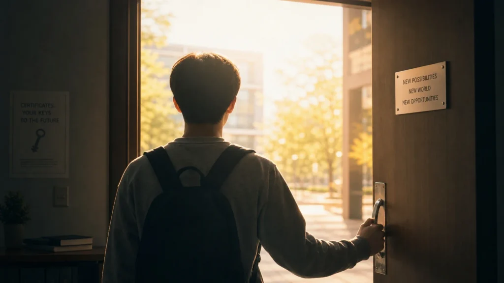 학생이 문을 살짝 열고 서 있는 뒷모습. 문 안쪽은 어둡고 차분한 반면, 문 밖에서는 밝은 황금빛이 쏟아지며 새로운 세계를 상징한다. 자격증이 새로운 기회의 문을 여는 메타포를 표현한 이미지.