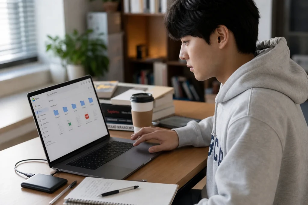 대학생이 노트북으로 클라우드 저장소(Google Drive/Dropbox)에서 과제 파일을 정리하고 있다.