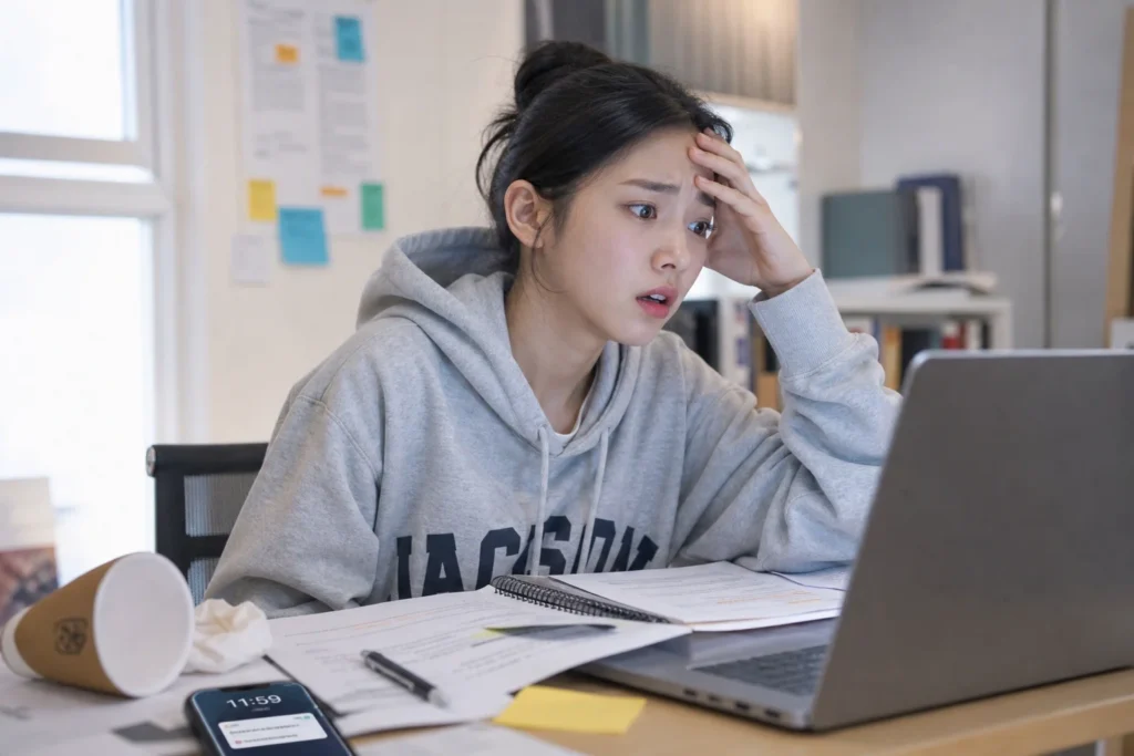 대학생이 과제 제출 실수를 발견하고 노트북을 보며 당황하고 걱정스러운 표정을 짓고 있다.