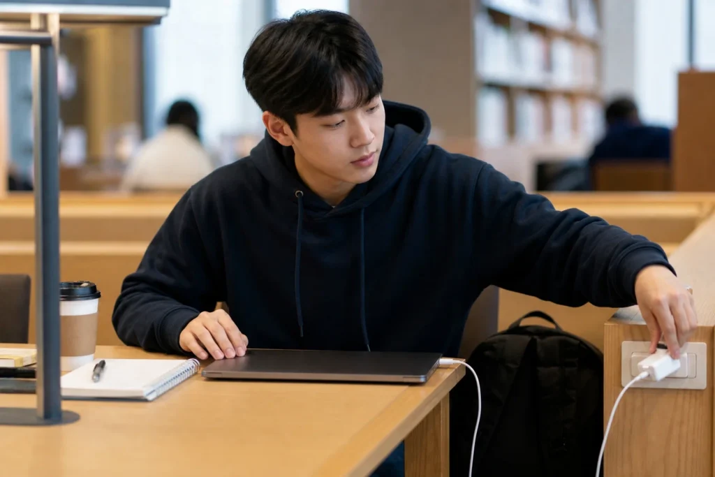 대학생이 도서관이나 카페 책상에서 노트북을 앞에 두고 한 손으로 콘센트에 충전기를 꽂으며 공부하고 있다. 검정 후디를 입고 집중한 표정으로 아래를 내려다보고 있으며, 책상 위에는 노트, 펜, 커피가 놓여 있다.