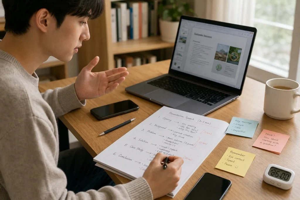 대학생이 발표 자료를 준비하며 노트에 발표 순서와 말할 내용을 정리하고 있다.