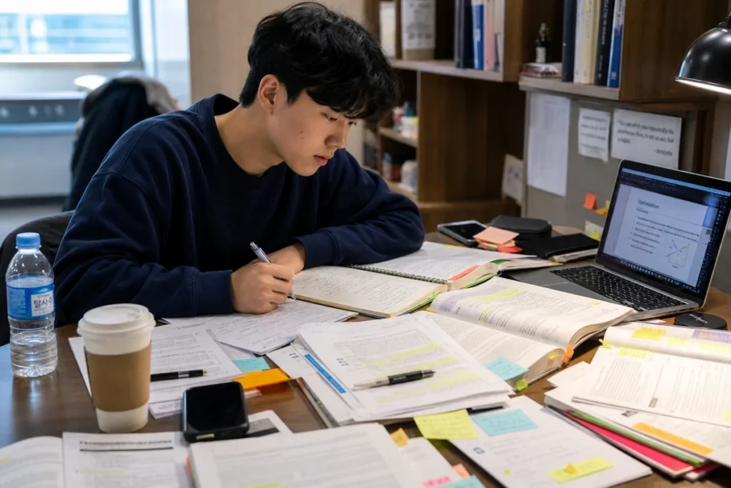 대학생이 책상에 교재, 강의자료, 노트를 여러 개 펼쳐 놓고 형광펜과 펜으로 시험공부를 정리하며 집중하고 있다.