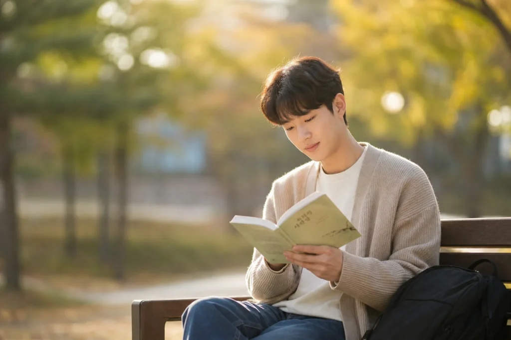 자유전공 남학생이 캠퍼스에서 벤치에 편안한 자세로 앉아 부드럽고 만족스러운 표정과 함께 책을 읽고 있는 모습