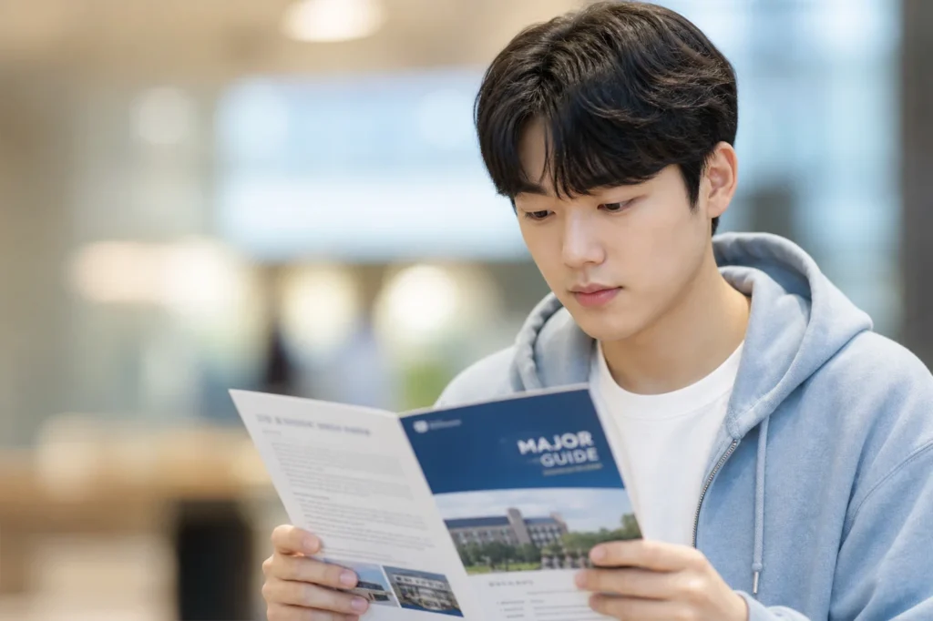 한국 대학생이 양손으로 전공 선택 팜플릿을 가슴 높이에 들고 아래를 내려다보며 집중해서 읽고 있는 모습. 연한 블루 또는 회색 후디를 입고 있으며, 배경은 캠퍼스 환경(도서관, 스터디 라운지)을 암시하는 따뜻한 색감으로 완전히 블러 처리되어 학생과 팜플릿에만 초점이 맞춰져 있다. 밝고 자연스러운 조명 속에서 전공 정보를 적극적으로 탐색하는 진지하고 집중된 표정.
