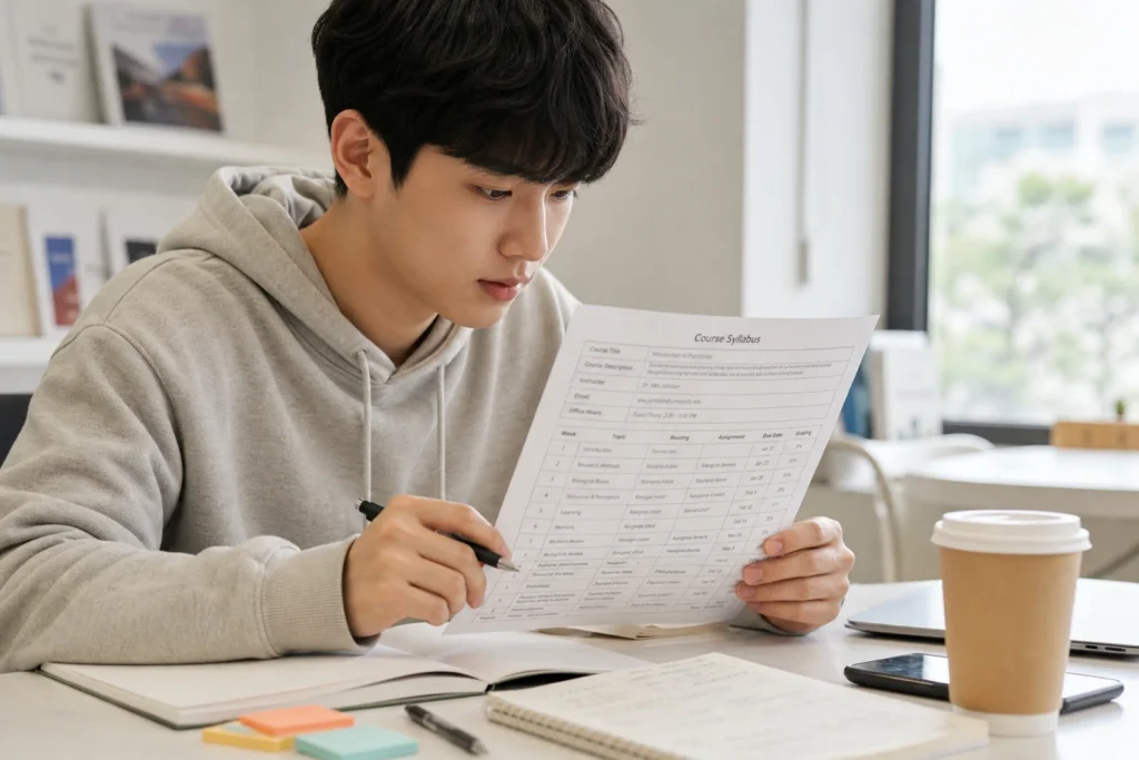 강의 계획서를 꼼꼼히 읽고 체크하고 있는 학생