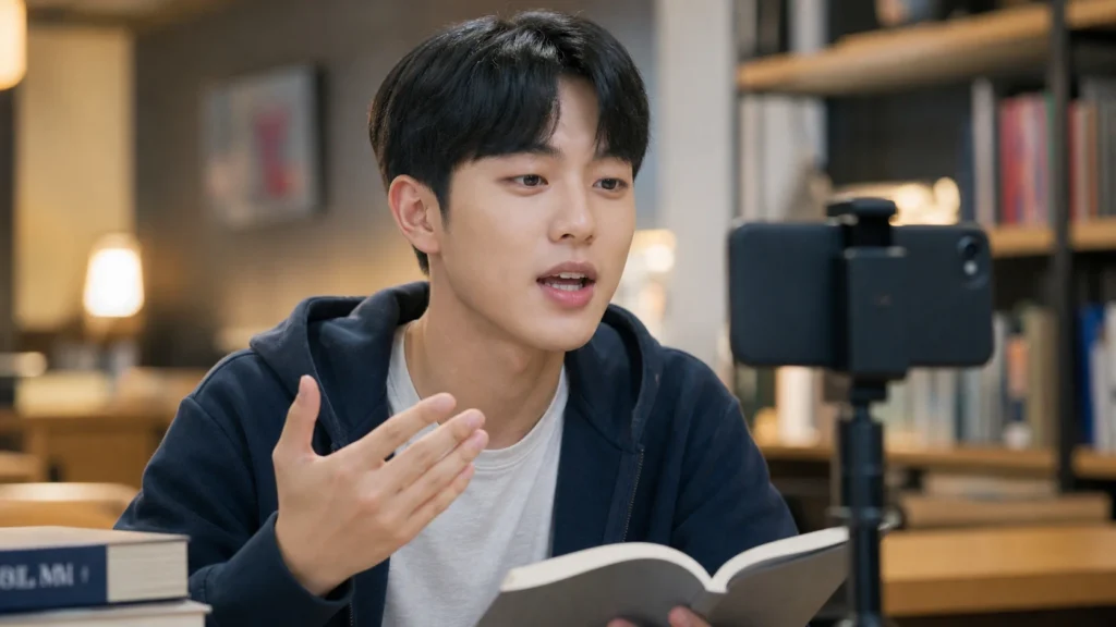 조용한 스터디 공간에서 한국 학생이 스마트폰을 들거나 거치대에 세워두고 영어 말하기를 녹음하며 연습하는 모습. 