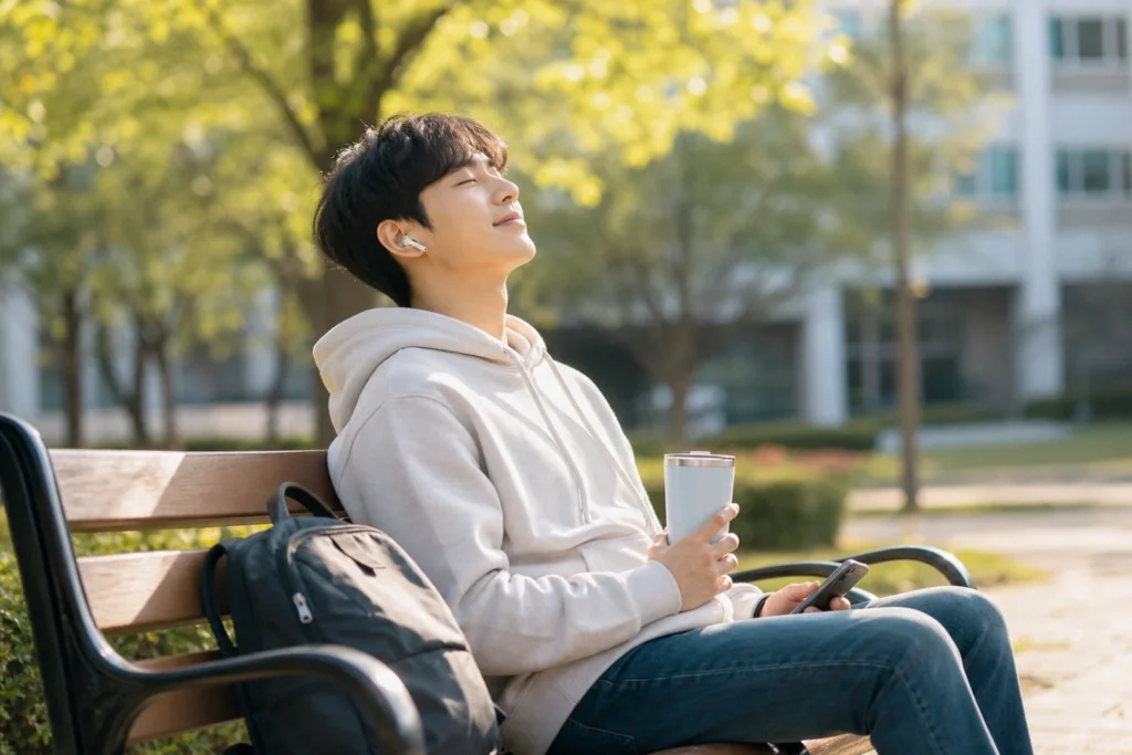 대학생이 캠퍼스 벤치에 앉아 이어폰을 끼고 텀블러로 음료를 마시며 편안하게 휴식을 즐기고 있다.