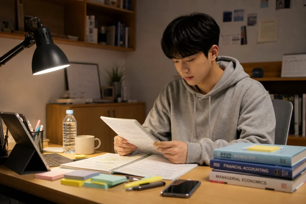 대학생이 시험 전날 차분하게 요약 노트를 읽으며 최종 복습하고 있다.