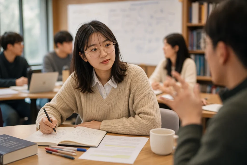 소프트 베이지 니트와 화이트 셔츠를 입고 금테 안경을 쓴 여학생이 세미나 테이블에 앉아 오른손에 펜을 들고 열린 노트 위에 대고 옆쪽 발표 학생을 경청하며 약간 앞으로 기울인 자세