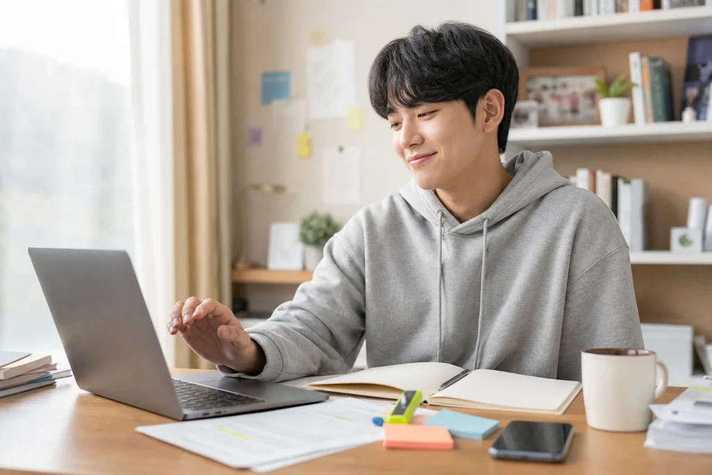 대학생이 교수님께 메일을 전송한 직후 안도하며 부드럽게 미소 짓고 있다.