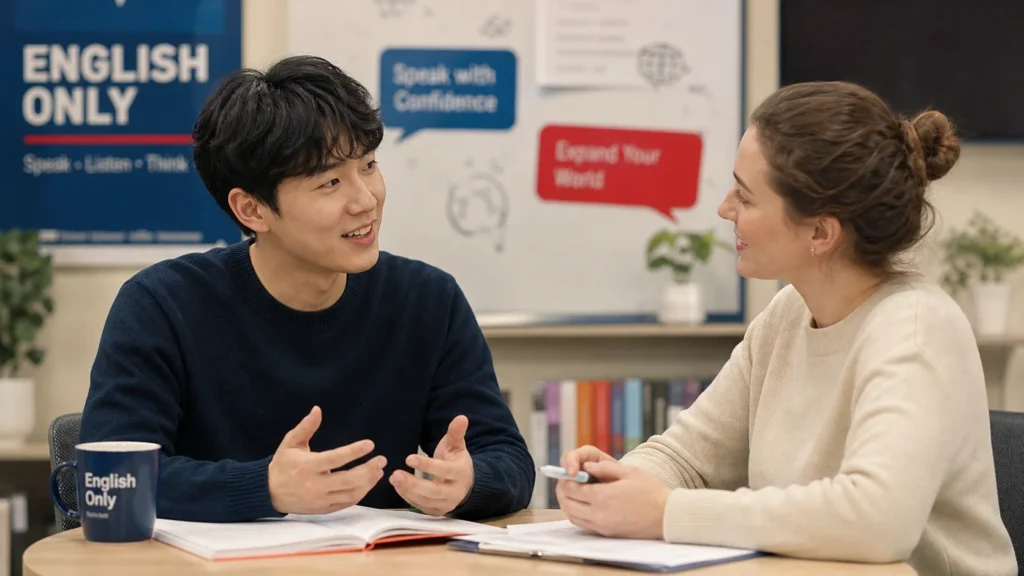 어학원 교실에서 작은 테이블에 마주 앉아 한국 학생이 외국인 선생님과 영어 말하기 수업을 하는 장면.