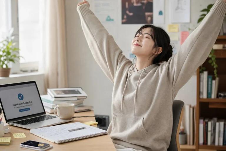 대학생이 과제를 성공적으로 완료하고 제출한 후 만족스럽게 팔을 뻗으며 기지개를 펴고 있다.