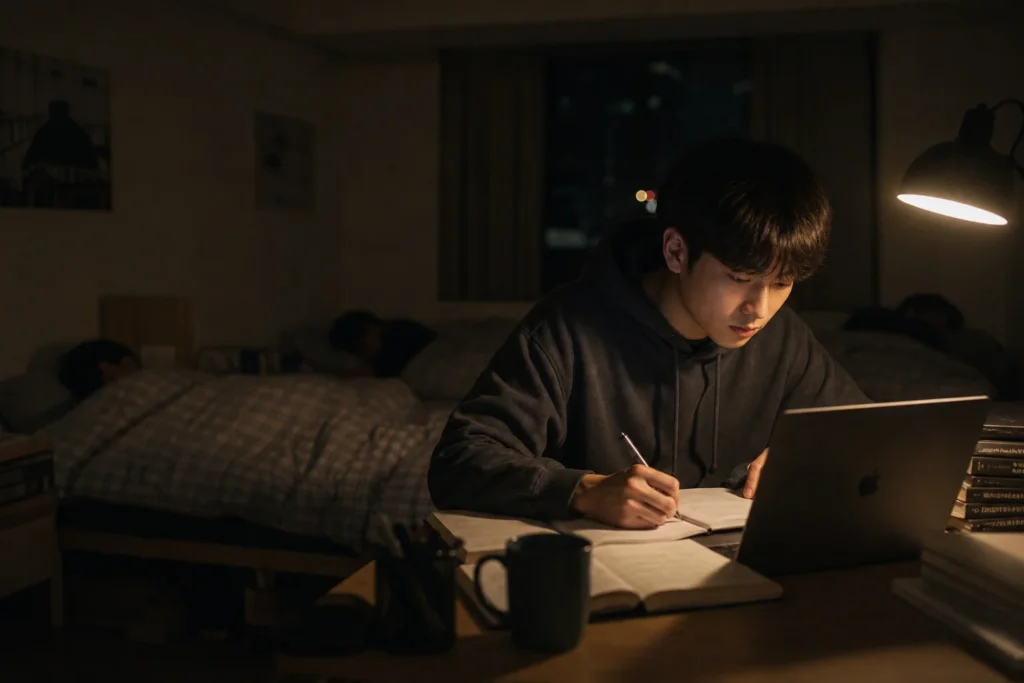 깊은 밤 기숙사 방에서 한 학생이 책상 스탠드 불빛 아래 혼자 조용히 공부하고 있다. 배경의 어둠 속에서 침대에 누워 자고 있는 룸메이트들의 실루엣이 희미하게 보인다.