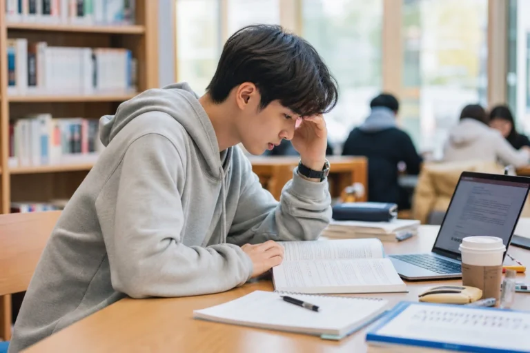 대학생이 도서관 또는 카페에서 교재와 노트를 펼쳐놓고 집중해서 시험 공부를 하고 있다.