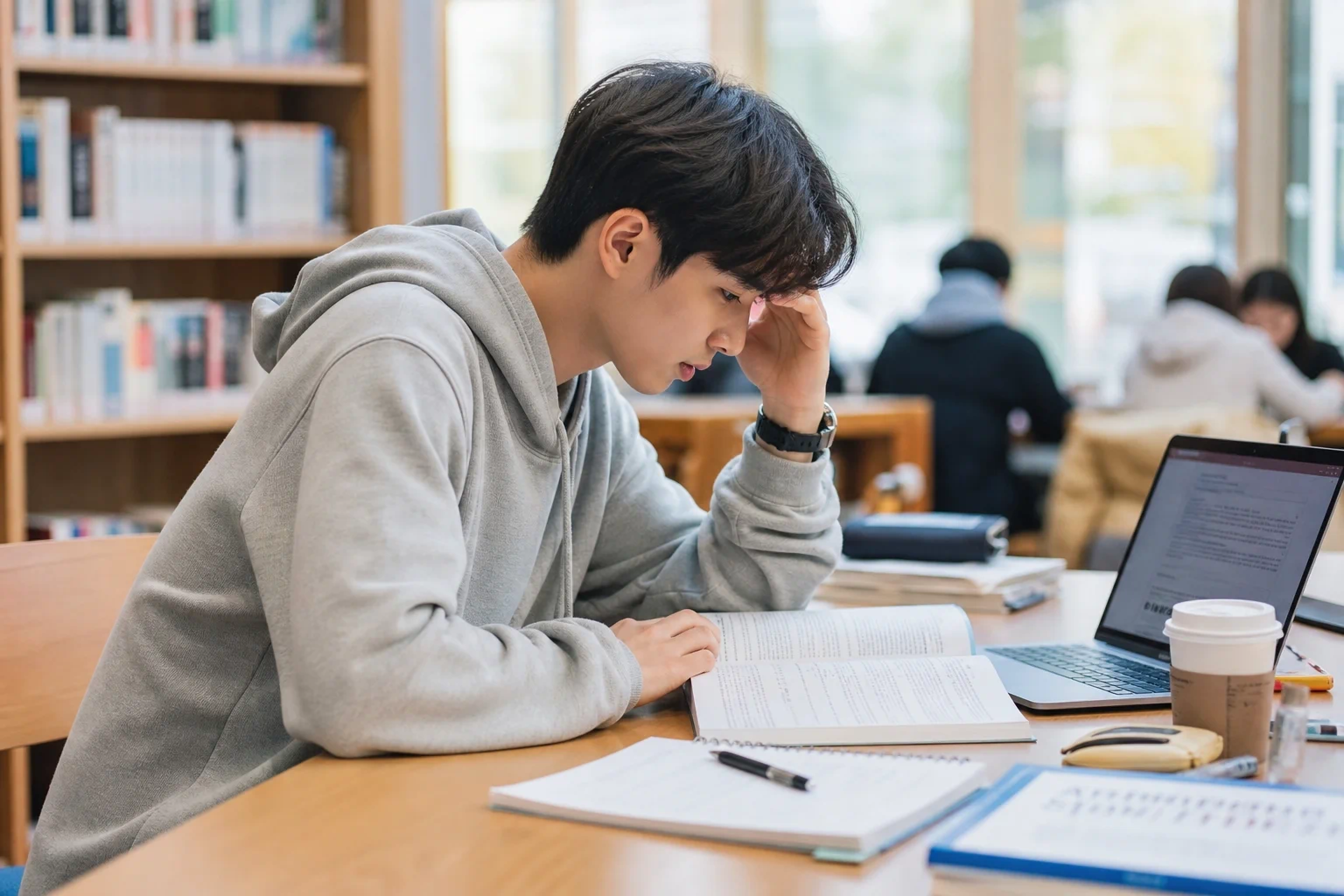 대학생이 도서관 또는 카페에서 교재와 노트를 펼쳐놓고 집중해서 시험 공부를 하고 있다.