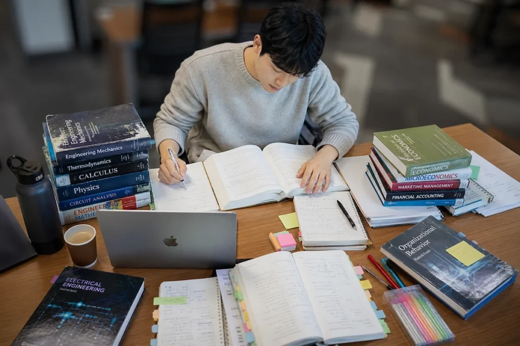 대학생이 두 개의 서로 다른 전공의 여러 교과서와 자료들에 둘러싸여 있는 모습을 보여주는 현실적인 오버헤드 또는 각진 사진으로 업무량과 시간 관리 도전을 보여준다. 