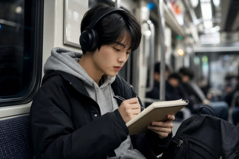 대학생이 지하철 좌석에 앉아 헤드폰을 끼고 작은 노트에 펜으로 필기하며 공부하고 있다. 집중한 표정으로 노트를 내려다보고 있다.